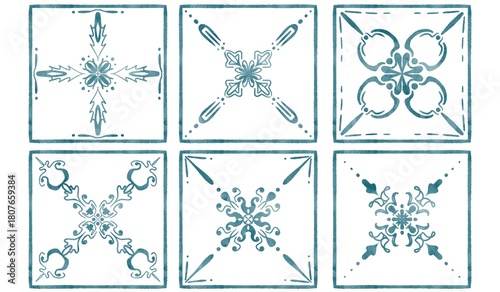 six tiles with blue watercolor patterns	