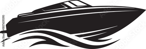 Speedboat Vector Illustration in Black and White with Water Waves