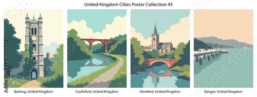 Barking, United Kingdom, Castleford, United Kingdom, Hereford, United Kingdom, Bangor, United Kingdom Flat Vector Poster Collection