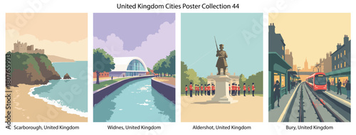 Scarborough, United Kingdom, Widnes, United Kingdom, Aldershot, United Kingdom, Bury, United Kingdom Flat Vector Poster Collection