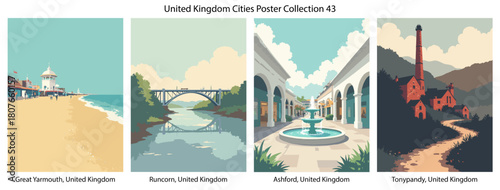 Great Yarmouth, United Kingdom, Runcorn, United Kingdom, Ashford, United Kingdom, Tonypandy, United Kingdom Flat Vector Poster Collection
