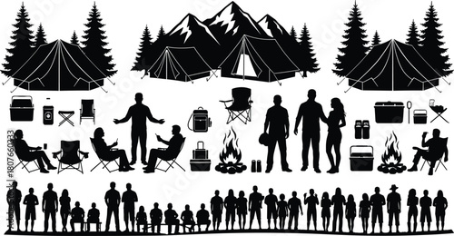 Camping silhouette collection with tents, mountains, trees, people, campfire, outdoor gear and family activities perfect for adventure nature travel vector illustration