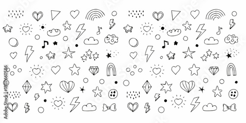 Hand drawn doodle pattern with hearts stars clouds and rainbows