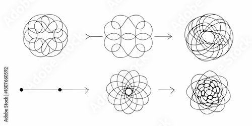 Geometric transformation visualizing the evolution of shapes through mathematical operations