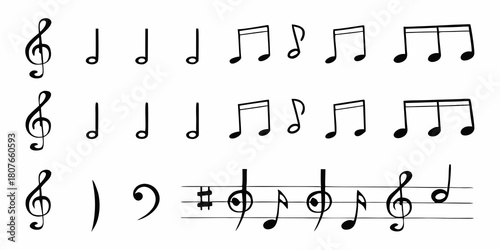 Hand drawn music notes and symbols collection on white background