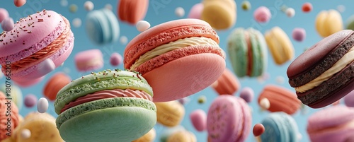 Colorful Macarons Floating in a Bright Blue Background With Scattered Candy