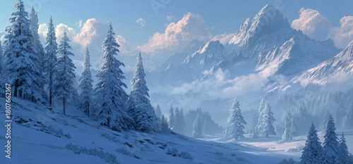 Majestic Snowy Mountains and Tranquil Forest Under a Blue Sky at Dawn