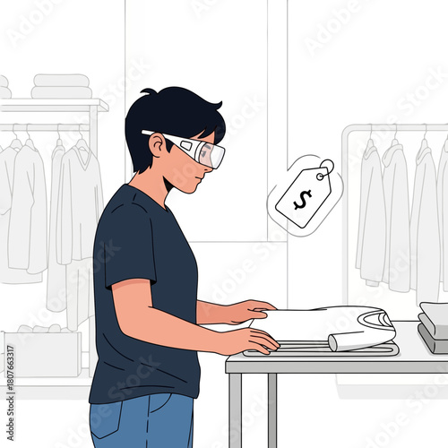 Man with AR glasses in retail vector illustration