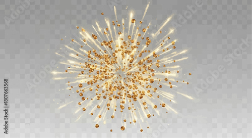 Golden burst of light and spheres against a neutral gray background with a subtle tiled pattern design