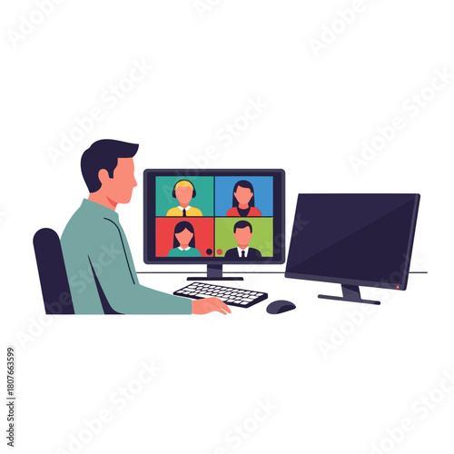 Man participating in online video conference call vector illustration