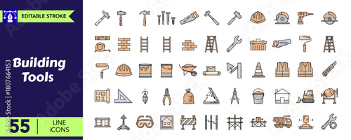 Building tools linear color icons set. construction and repair equipment. diy accessories. editable stroke line art. vector isolated illustrations