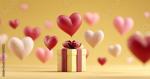 Heart-shaped Balloons Float Above a Gift Box Decorated With Ribbons and a Bow