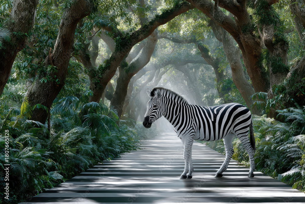 Fototapeta premium Zebra stands on a striped path surrounded by lush greenery in a misty forest setting