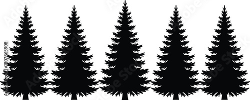 Pine tree silhouette row, forest icon set, evergreen shape pattern, nature graphic design, outdoor themed graphic, flat vector illustration