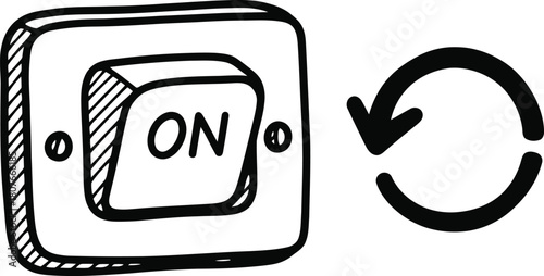 Doodle simple light switch with arrow circle icon, hand-drawn solid black on white, indicating reset or restart, quick control sketch.