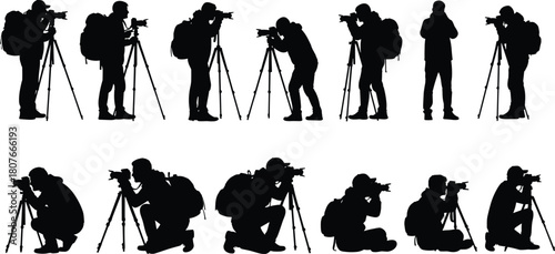 Photographer silhouette poses, camera tripod actions, outdoor shooting styles, travel photography icon, black figure design, flat vector illustration