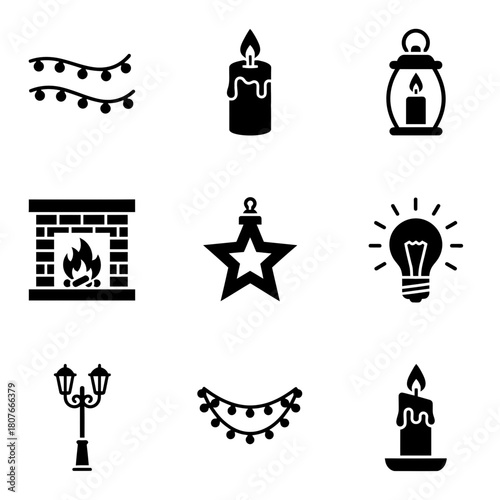 Icon set featuring festive decorations and lighting elements