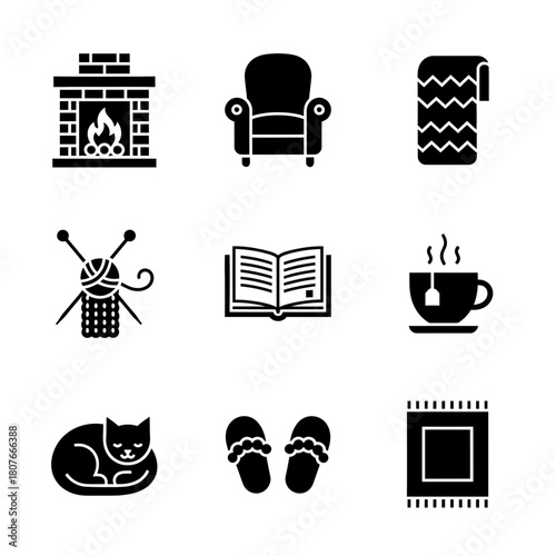 Cozy home icon set in minimalist style featuring black elements