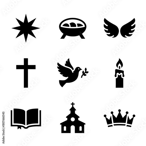 Icon set featuring religious symbols in minimalist black style