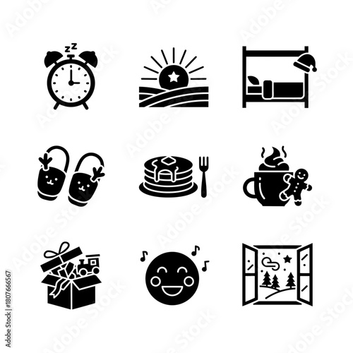 Icon set depicting morning routines and cozy winter themes