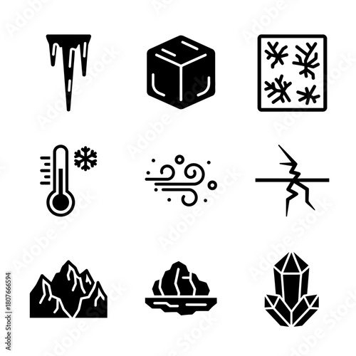 Winter-themed icon set featuring snowflakes, ice, and mountains