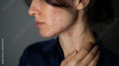 Close up of young woman with characteristic red lupus rash on cheeks and neck, highlighting symptoms of autoimmune disease and chronic dermatological condition