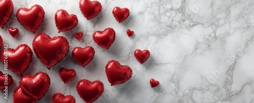 Red Heart Balloons Scattered on a Marble Surface for Special Occasions and Ce...