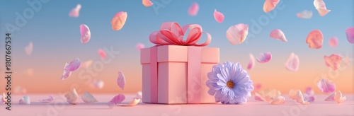 Beautiful Pink Gift Box Surrounded by Colorful Petals and Flowers at Sunset