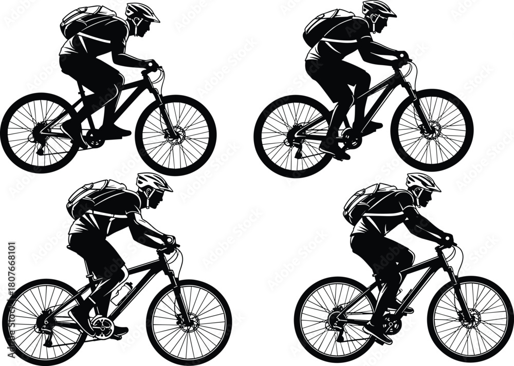 Obraz premium Collection of mountain biker silhouette illustrations showing cyclists riding bicycles with helmets and backpacks in various action poses for outdoor sports design