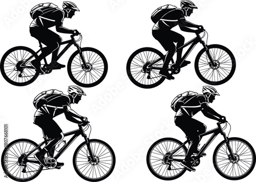 Collection of mountain biker silhouette illustrations showing cyclists riding bicycles with helmets and backpacks in various action poses for outdoor sports design