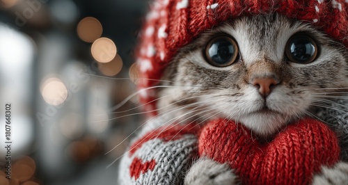 Cute Cat Wearing Red Hat and Sweater With Heart, Showcasing Warmth and Love I...