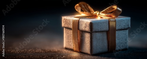 Elegant Gift Box Wrapped With Golden Ribbon on a Dark Surface