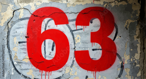 Red number sixty three painted on a distressed wall with peeling paint and visible cracks and graffiti art