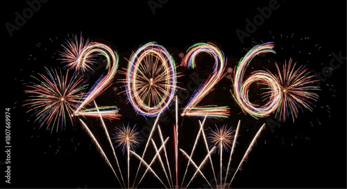 Fireworks display forming the year 2026 against a dark background with vibrant bursts of light