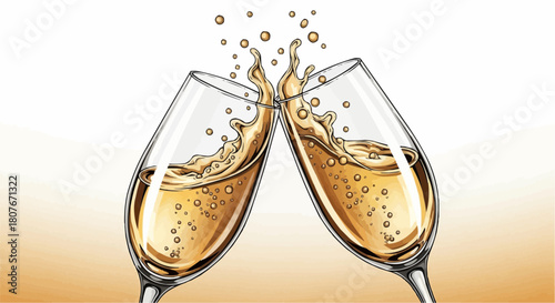 Two champagne glasses toasting with splashing golden liquid and bubbles in a celebration scene