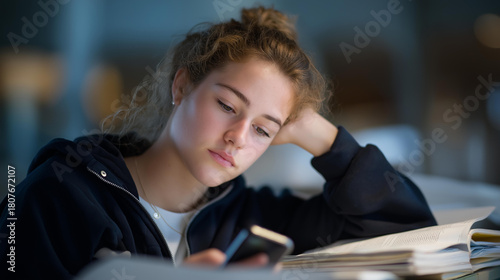 A student turning off their phone and placing it face down beside neatly arranged textbooks, diving into focused study mode — digital self-control, academic discipline, and committed personal