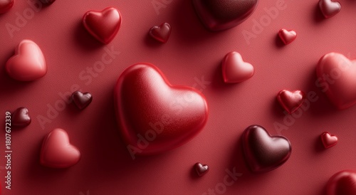 Colorful Heart Shapes in Various Sizes on a Red Background Suitable for Celeb...