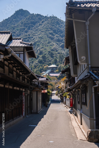 Fotografie A narrow lane of wooden machiya in Itsukushima, Hiroshima, leads toward a forested slope