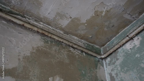 The inside of an old, abandoned, dilapidated building. Peeling walls and ceiling.