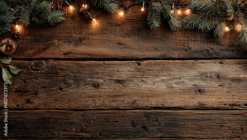 Beautiful Rustic Wooden Backdrop With Festive Greenery and Warm Lights for Ho...