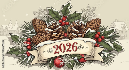 Illustration of christmas decoration with pine cones holly and berries with a banner displaying the year