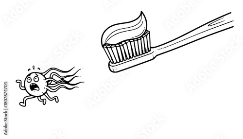 Cartoon germ running scared from toothbrush with toothpaste in a fun dental concept