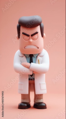 Angry Doctor Cartoon Character Poses with Crossed Arms and a Serious Expression.
