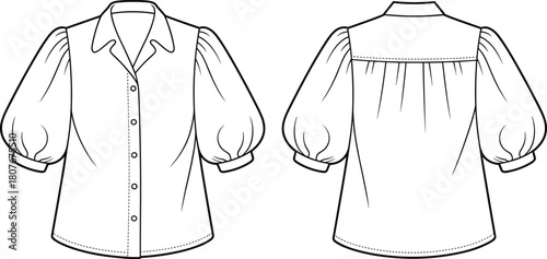 Button-up blouse technical flat sketch, detailed fashion CAD drawing, vector garment illustration showing front and back views with puff sleeves, collar and gathers