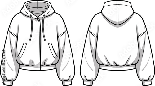 Cropped hoodie technical flat sketch, detailed fashion CAD drawing, vector garment illustration showing front and back views with hood, pockets, cuffs and construction lines