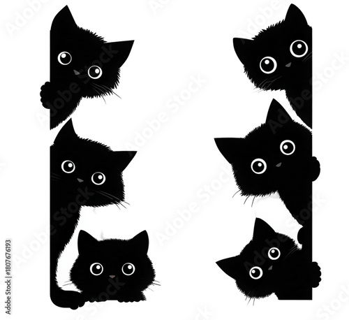 Set of six adorable black cat silhouettes peeking from corners.