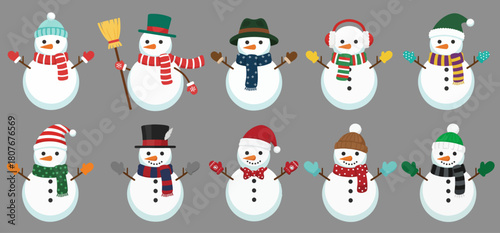 Snowman Character Set – 12 Flat Editable Winter Snowman Vector Illustrations, Perfect for Christmas stickers, gift wraps, posters, kids’ designs, social posts, product mockups, and festive merchandise