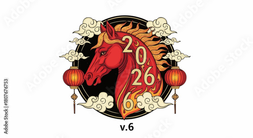 Illustration of a red horse with year 2026 in it, surrounded by clouds and lanterns on a black circle