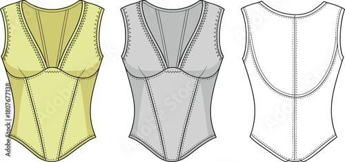 Corset style sleeveless top technical flat sketch, detailed fashion CAD drawing, vector garment illustration showing front and back construction seams and design lines
