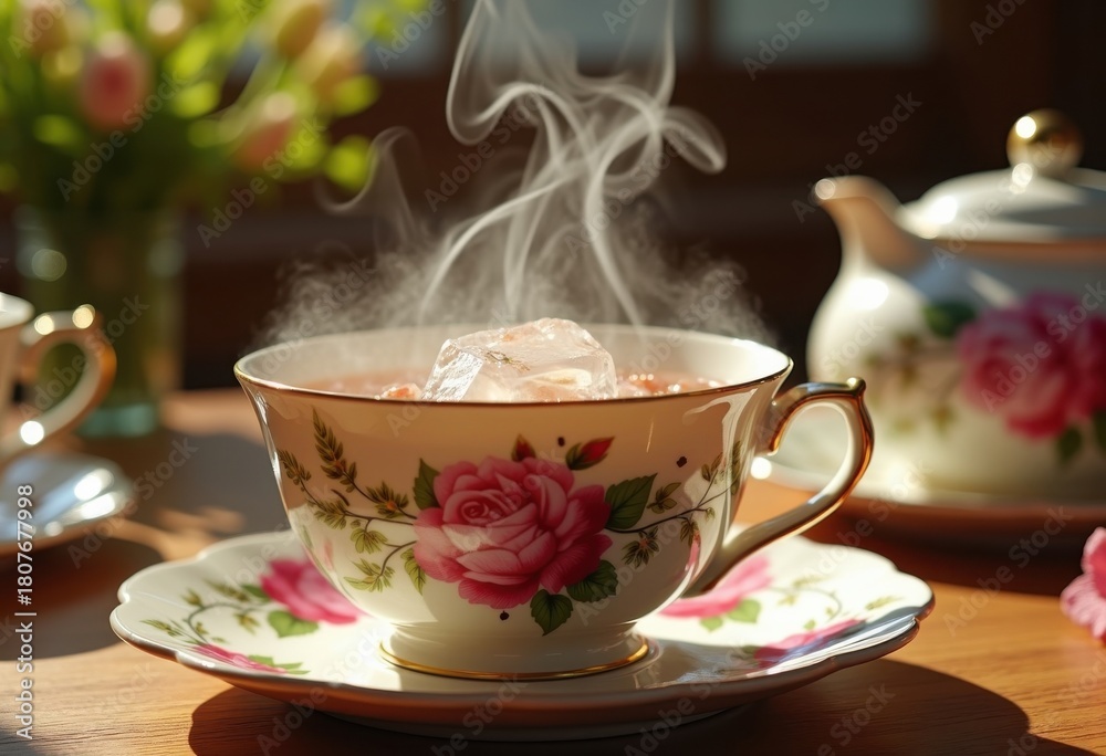 Fototapeta premium Steam Rising from Fine China Cup Amidst Delicate Backdrop Elegant Teaset Scenario